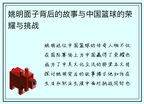 姚明面子背后的故事与中国篮球的荣耀与挑战 姚明面子背后的故事与中国篮球的荣耀与挑战